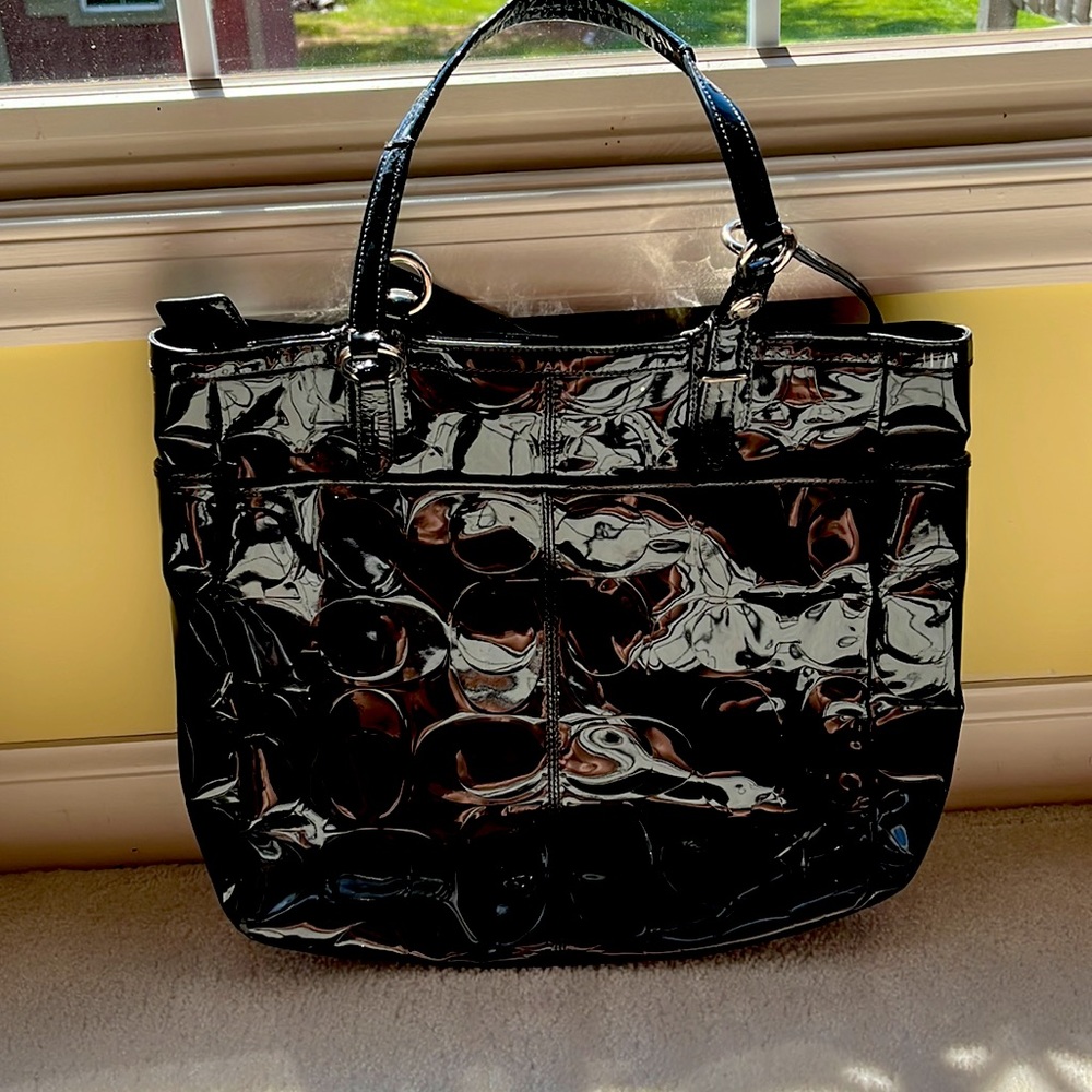 Coach black leather monogram tote